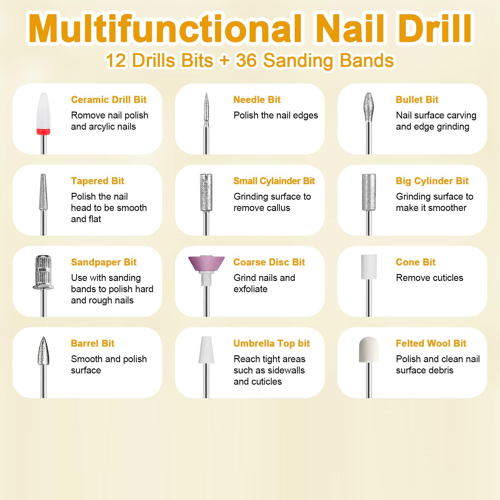 White Cordless Electric Nail Drill Kit - Portable Manicure Pedicure Polisher with 12 Bits