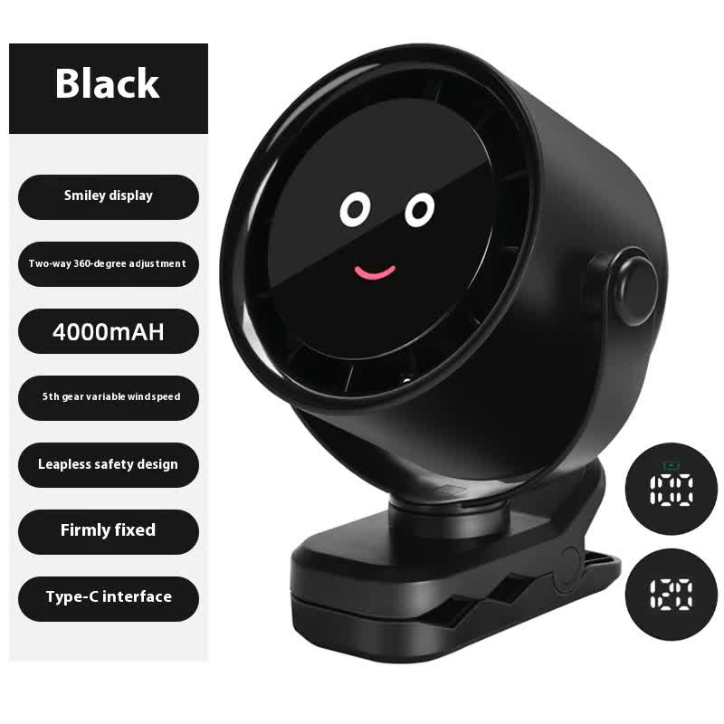 Black Portable Stroller Fan with LED Display - Bladeless Safety Clip-On Fan for Baby & Desk (4000mAh, 360 degree Rotation)