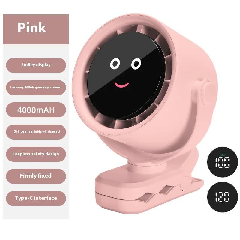Pink Portable Stroller Fan with LED Display - Bladeless Safety Clip-On Fan for Baby & Desk (4000mAh, 360 degree Rotation)