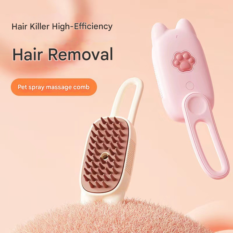 Beige Pet Spray Grooming Brush - 3-in-1 Steam Dematting Comb with Nano Mist for Cats & Dogs - Anti-Flying Hair & Massage