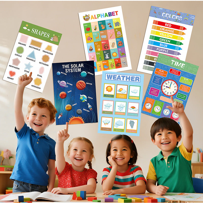 12-Pack Educational Posters for Kids - Laminated Preschool & Kindergarten Learning Charts - ABCs, Numbers, Shapes, Solar System, Weather & More