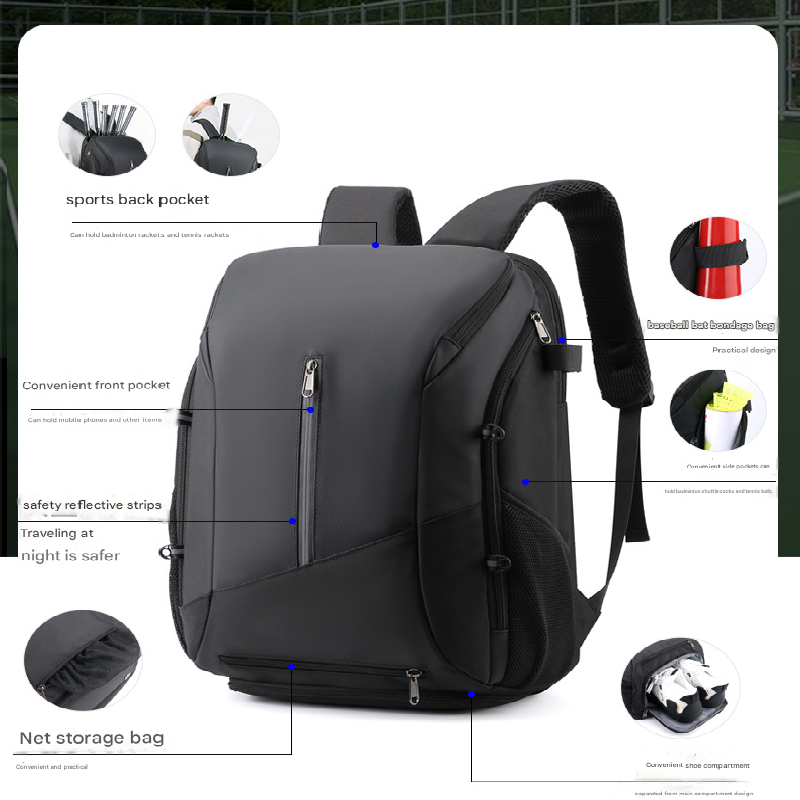 White and black Multi-functional Sports Backpack for Men & Women - Waterproof Basketball, Badminton, Tennis & Soccer Bag with Shoe Compartment + Net