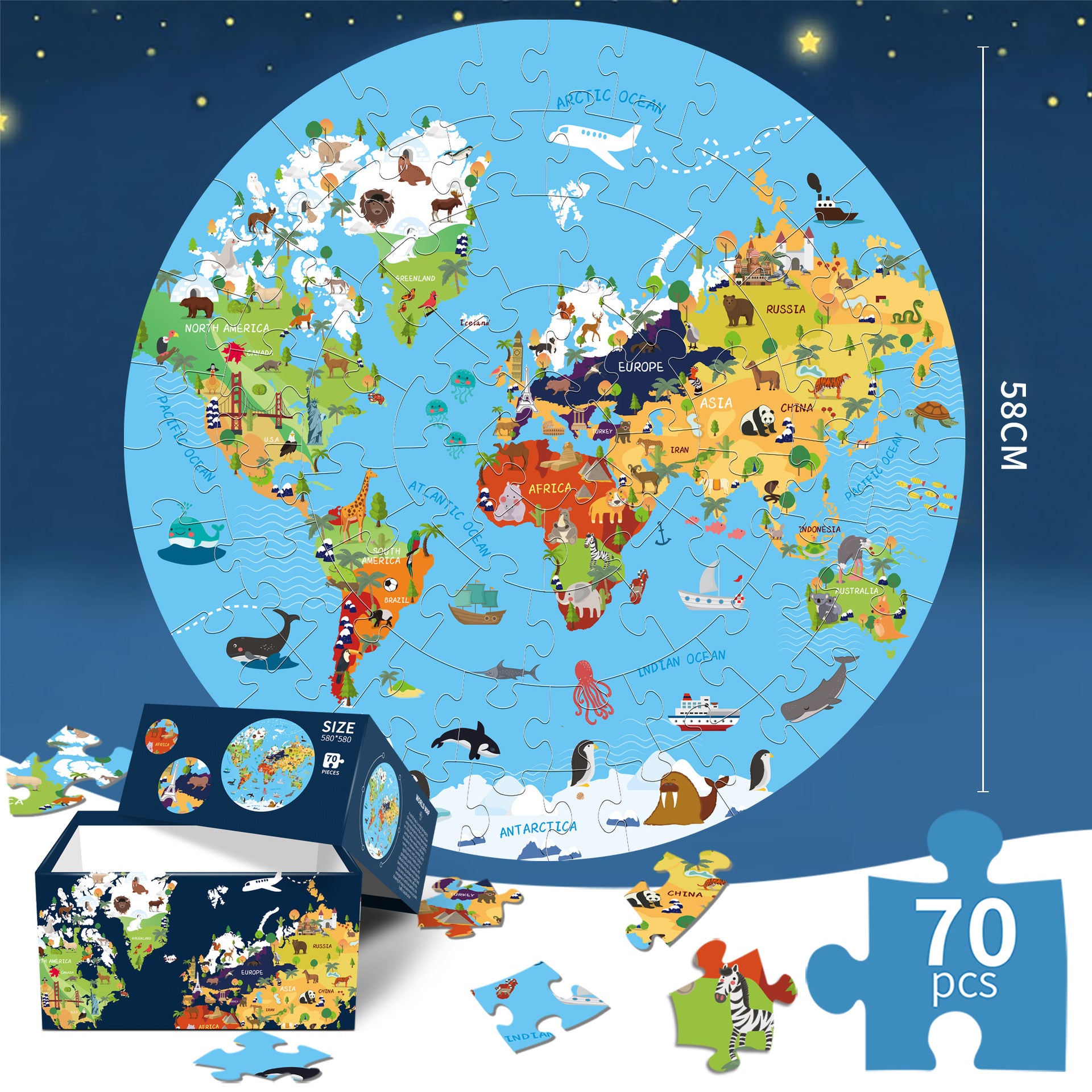 World Animal Puzzle Round Cardboard 70-Piece Jigsaw Puzzle - Educational Kids Puzzle Toy, Fun & Engaging