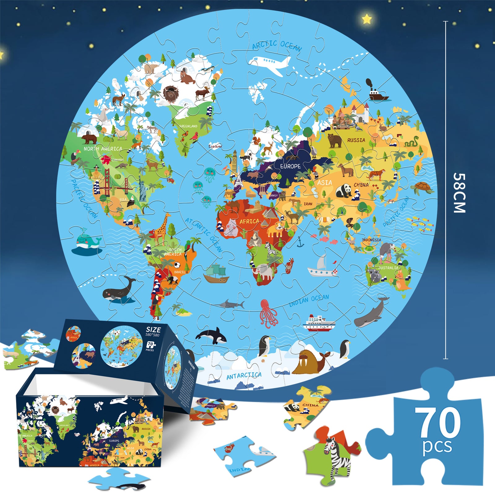 World Animal Puzzle Round Cardboard 70-Piece Jigsaw Puzzle - Educational Kids Puzzle Toy, Fun & Engaging