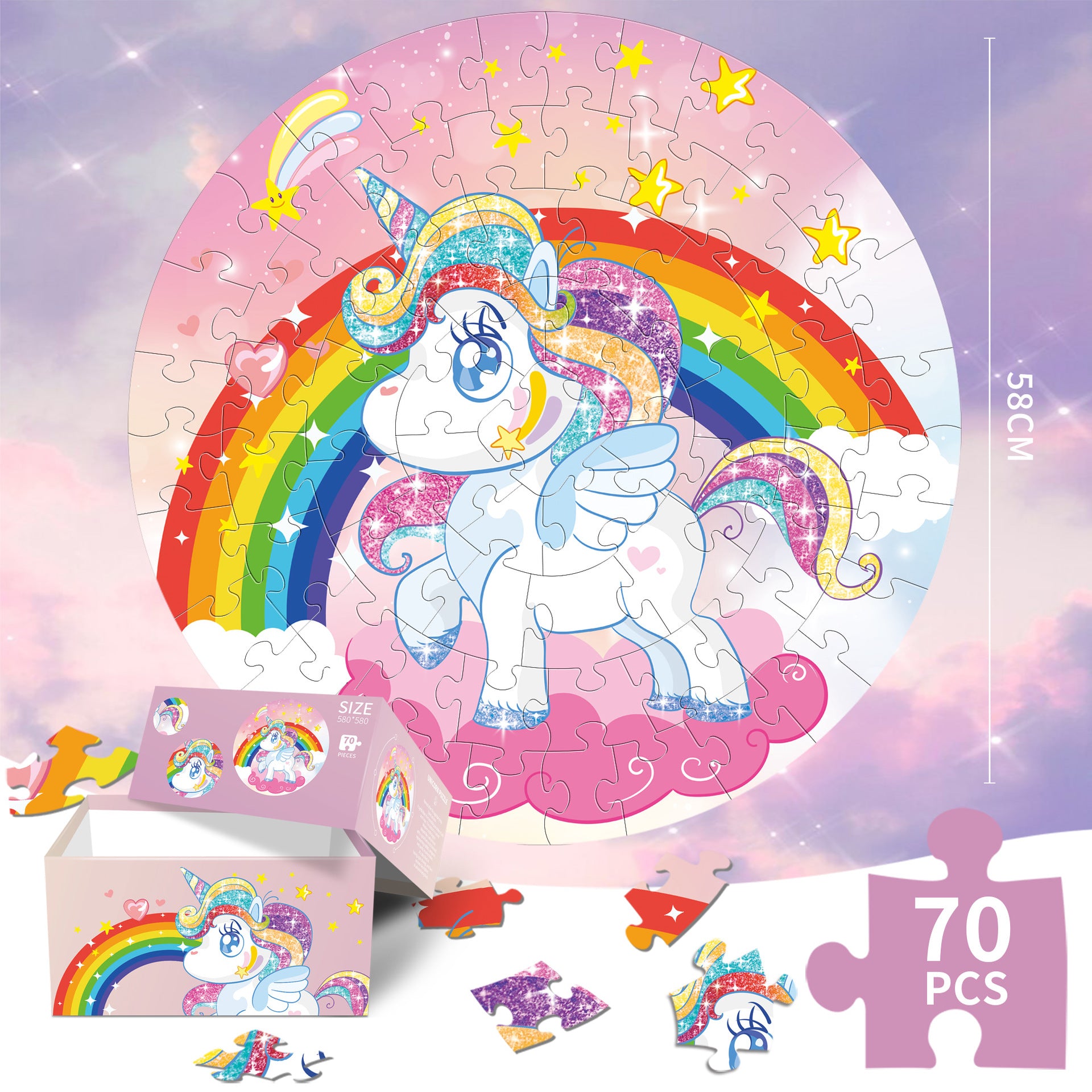 Unicorn puzzle Round Cardboard 70-Piece Jigsaw Puzzle - Educational Kids Puzzle Toy, Fun & Engaging