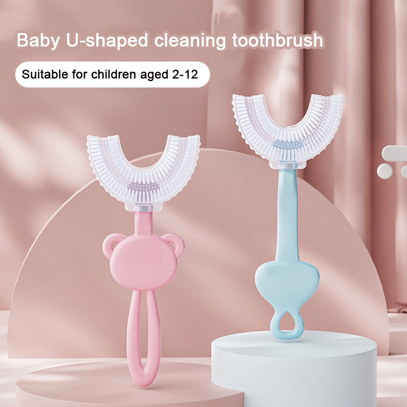 Blue frog U-Shaped Kids Toothbrush - Food Grade Silicone Manual Toothbrush for 2-12 Year Olds - 360 degree Full Mouth Cleaning Baby Oral Care - Comes with Wall Mount Holder