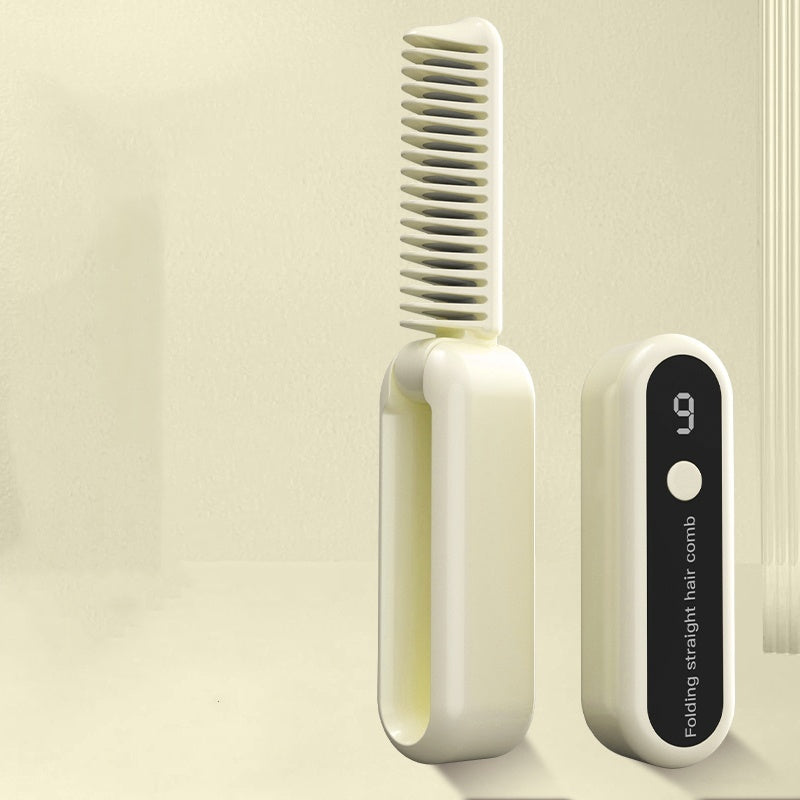 Beige Portable Foldable Cordless Hair Straightener Comb - 2-in-1 Ionic Styling for Smooth, Frizz-Free Hair