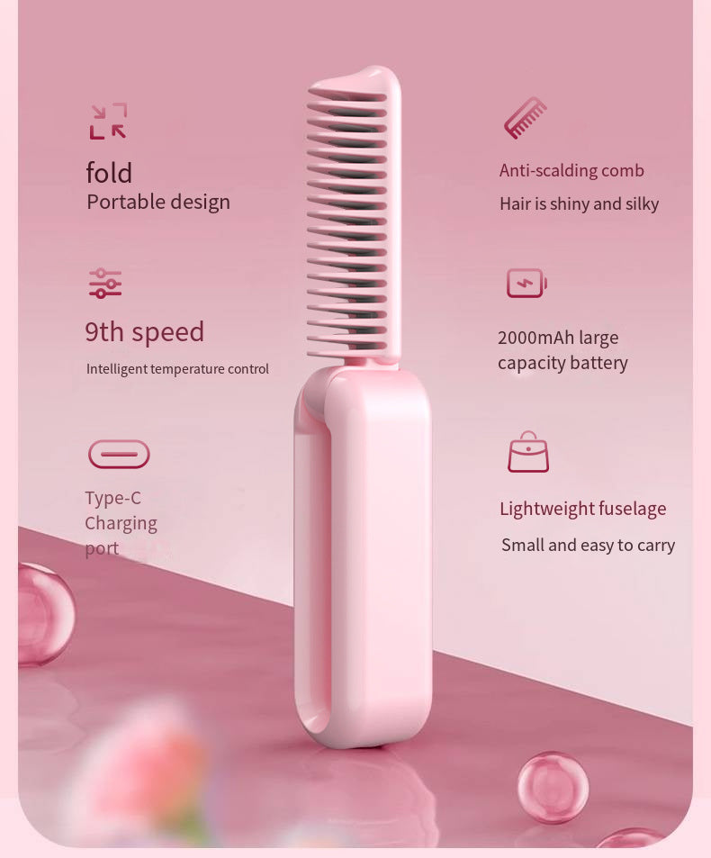 Beige Portable Foldable Cordless Hair Straightener Comb - 2-in-1 Ionic Styling for Smooth, Frizz-Free Hair