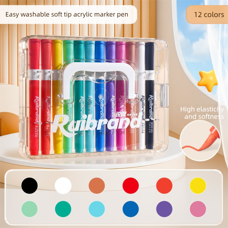 12 Colors Ruibrand Kids Washable Acrylic Markers Set - Non-Toxic, Blendable Art Pens for Students & Artists