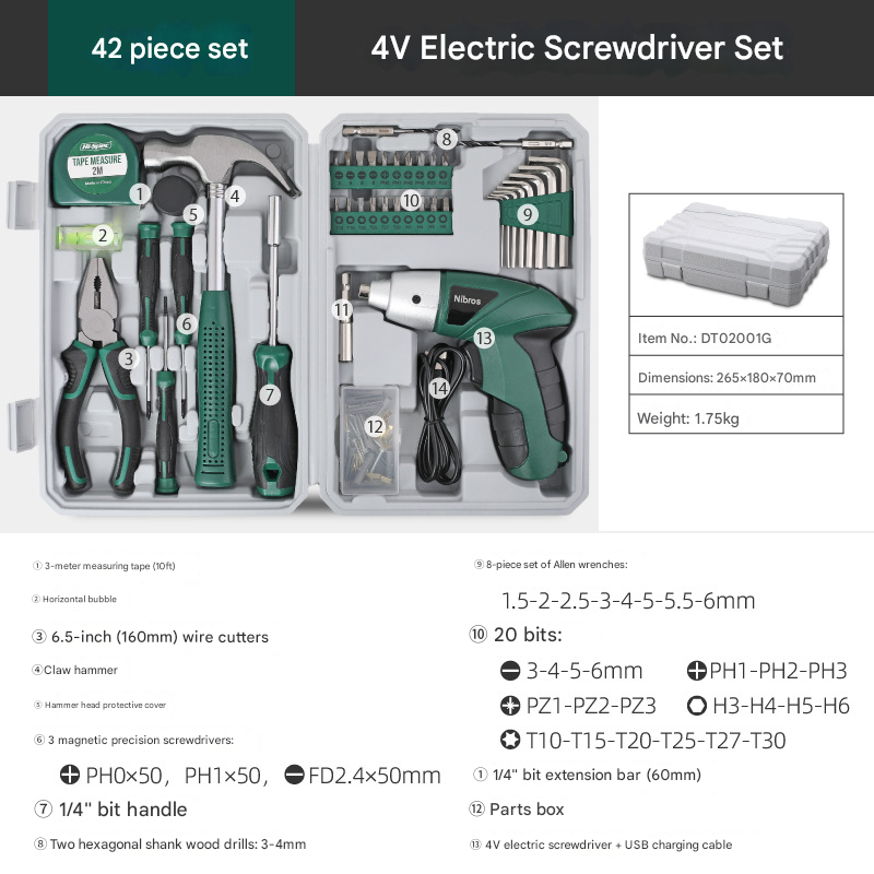 Green 42 Piece Home Tool Set with 4V Cordless Electric Screwdriver Kit for DIY Repairs and General Household Maintenance Portable Storage Case