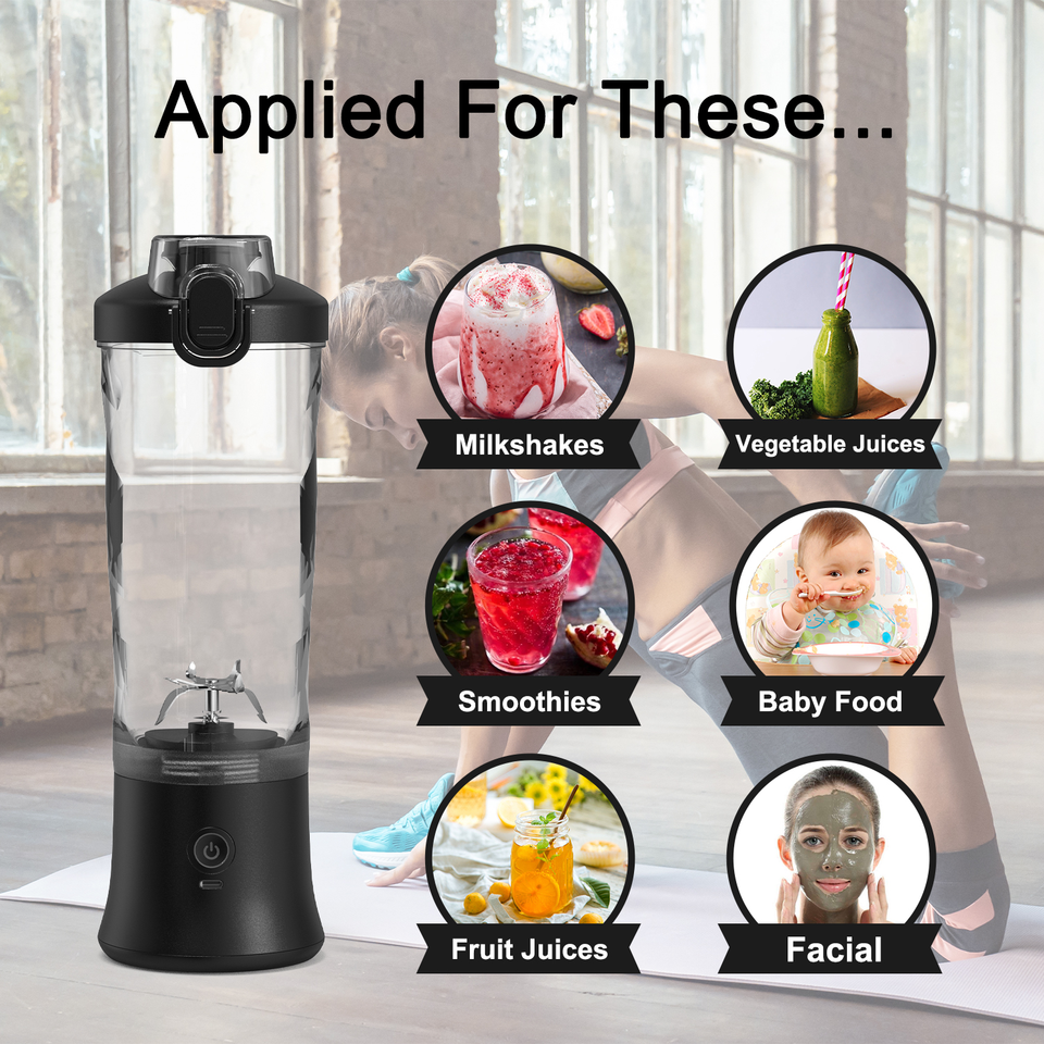 Blue Portable Blender 600ml Personal Smoothie Maker USB Rechargeable Juicer Cup with 6 Stainless Steel Blades 4000mAh Battery for Gym Travel and Camping