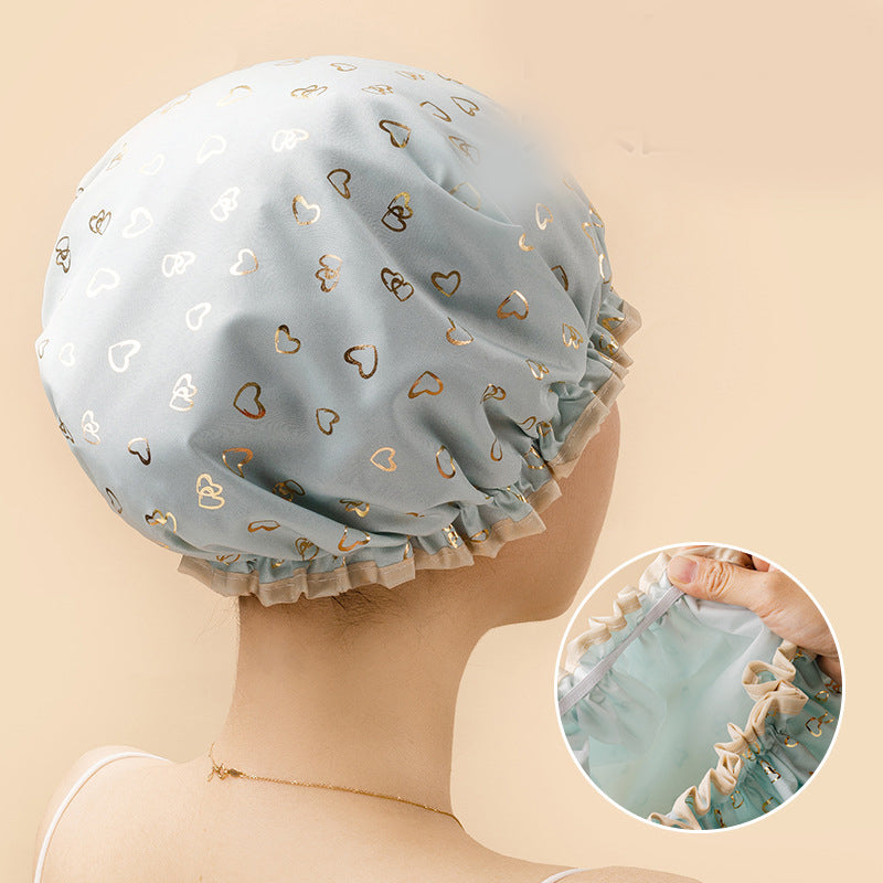 3 Pack Green Double Layer Shower Cap for Women Waterproof Bath Hair Cover Reusable Elastic Hat for Spa Salon and Home Use