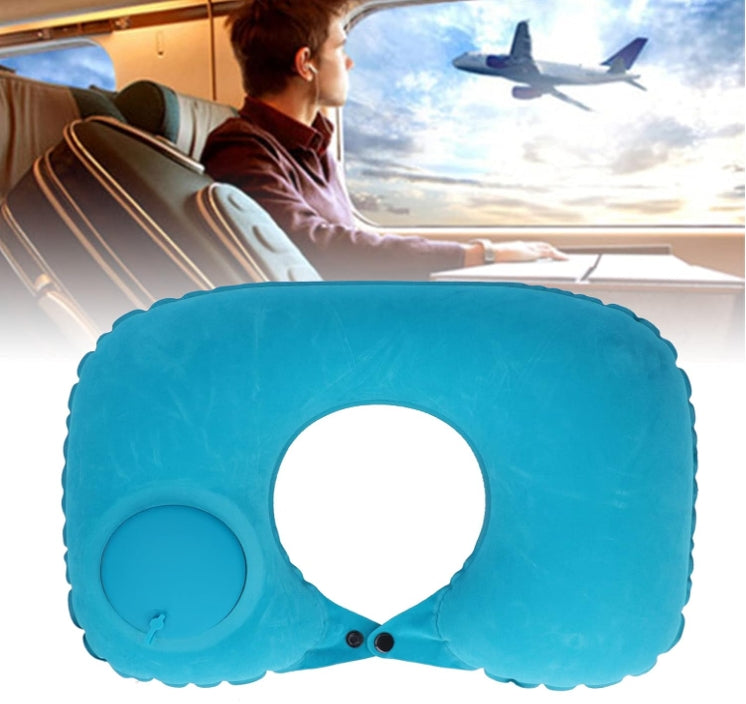 2-PCS Green  Inflatable Travel Neck Pillow Press to Inflate U-Shape Soft Flocking Support Cushion for Airplane Car & Camping Portable Air Pump Design