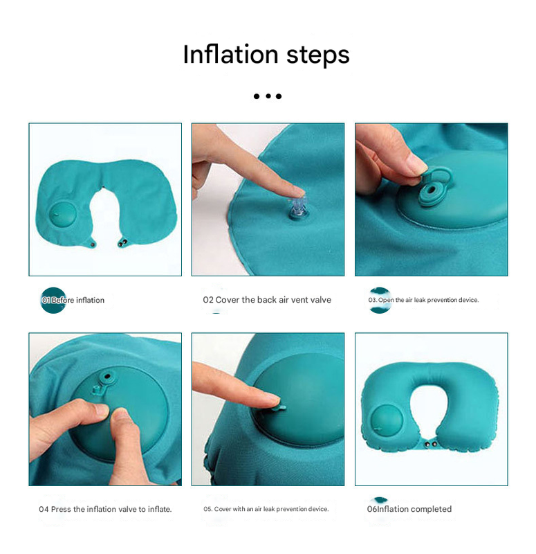 2-PCS Medium blue Inflatable Travel Neck Pillow Press to Inflate U-Shape Soft Flocking Support Cushion for Airplane Car & Camping Portable Air Pump Design