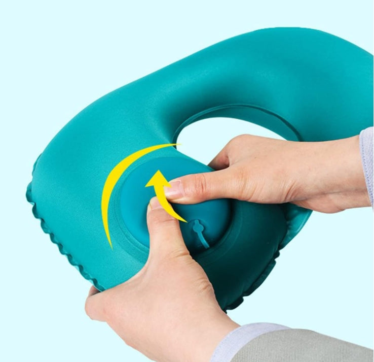 2-PCS Black Inflatable Travel Neck Pillow Press to Inflate U-Shape Soft Flocking Support Cushion for Airplane Car & Camping Portable Air Pump Design