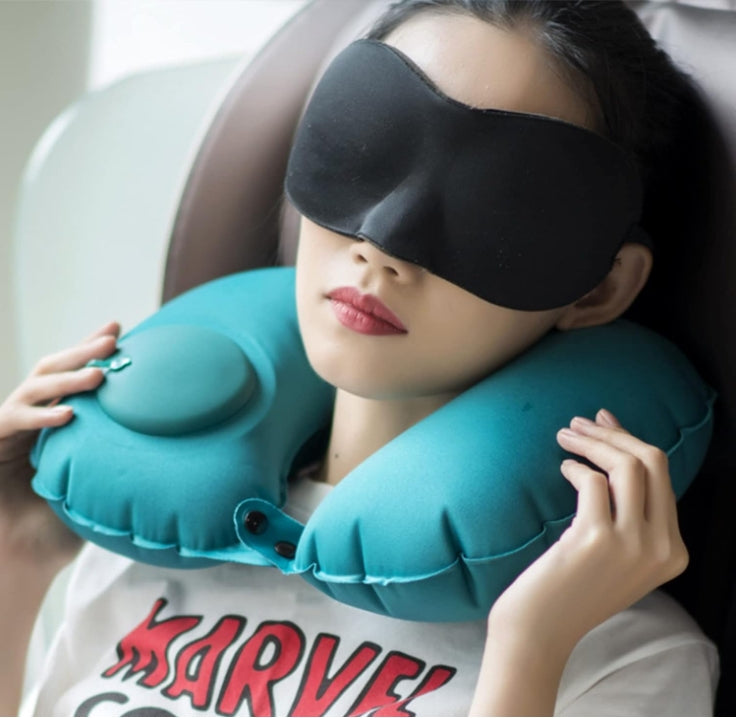 2-PCS Black Inflatable Travel Neck Pillow Press to Inflate U-Shape Soft Flocking Support Cushion for Airplane Car & Camping Portable Air Pump Design