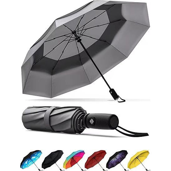 Grey Automatic Windproof Travel Umbrella Compact Folding Umbrella Auto Open and Close with Vented Double Canopy for Rain and Sun