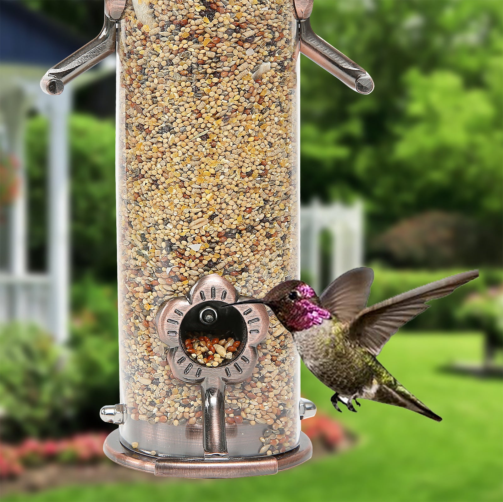 Hanging Metal Wild Bird Feeder Weatherproof Outdoor Garden Bird Food Dispenser with 4 Feeding Ports and Perches