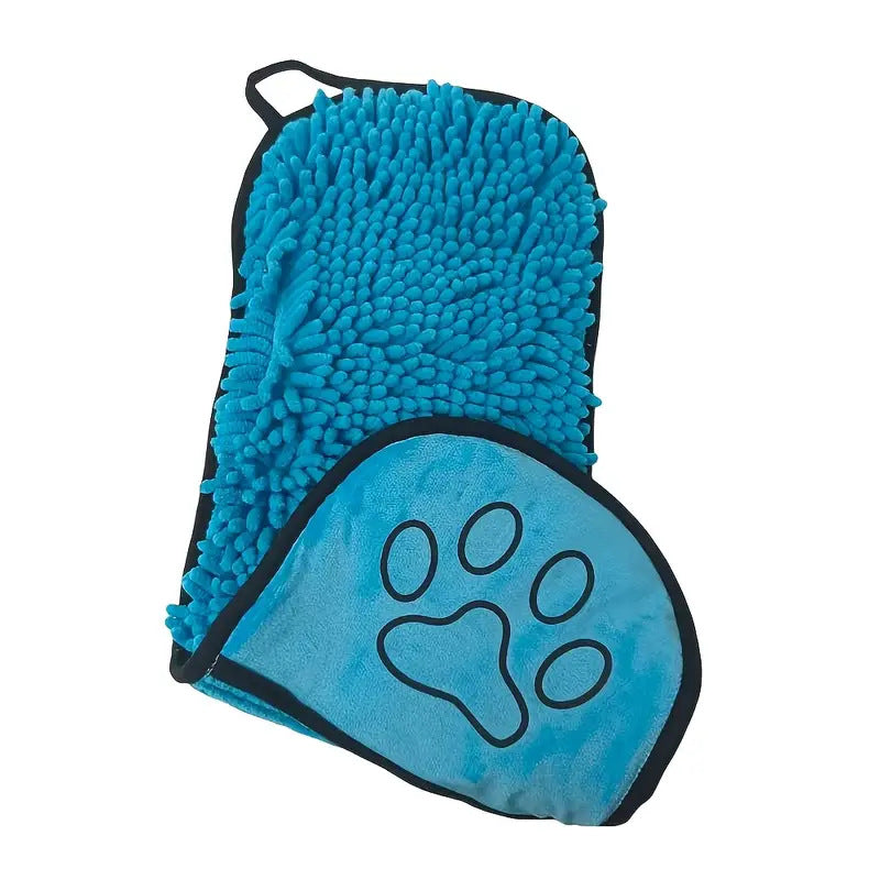 Blue Super Absorbent Pet Bath Towel with Hand Pockets Quick Dry Chenille Microfibre for Dogs and Cats Large Size 62cm