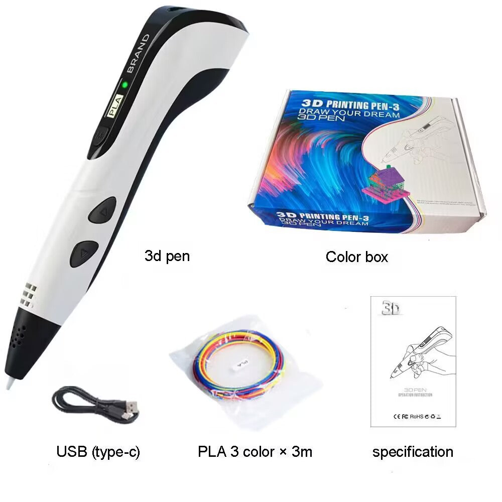 White 3D Printing Pen 3rd Gen for Kids – Plug-in Type-C USB, LCD Display, 3 Speed Modes, PLA Filament Set – Ideal for Creative DIY Projects in Australia