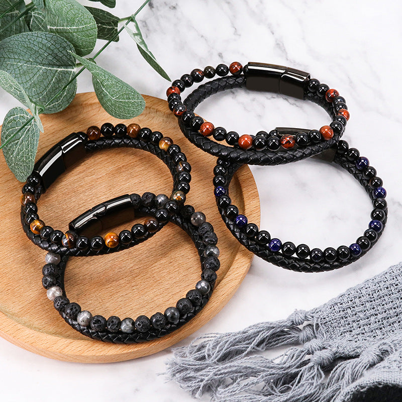 Natural Tiger Eye Stone Men's Leather Bracelet with Magnetic Clasp Beaded Braided Wristband Jewellery Gift 21cm