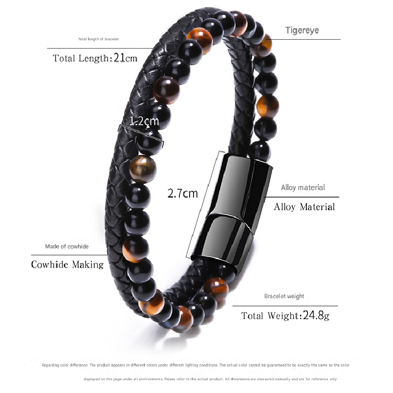 Natural Tiger Eye Stone Men's Leather Bracelet with Magnetic Clasp Beaded Braided Wristband Jewellery Gift 21cm