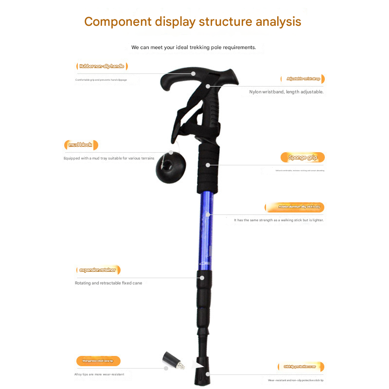 Blue Professional Outdoor Trekking Pole – Lightweight Aluminum Alloy Adjustable Walking Stick with Shock Absorption System for Hiking, Climbing, and Kids | 4-Section Collapsible Design with Ergonomic Curved Handle