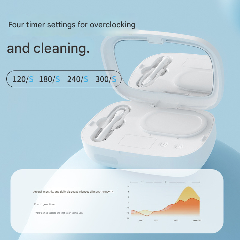 White powder gradient  Ultrasonic Contact Lens Cleaner Machine Automatic Washer Case with UV Light LED Display 4 Timer Modes Type-C Rechargeable Portable for Travel
