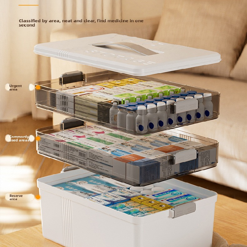 Grayish-white Large 3 Layer Medicine Storage Box Portable First Aid Kit Organiser with Handle Multi Compartment Container for Family Home Use