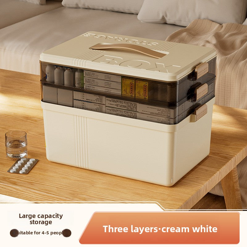 Cream white Large 3 Layer Medicine Storage Box Portable First Aid Kit Organiser with Handle Multi Compartment Container for Family Home Use