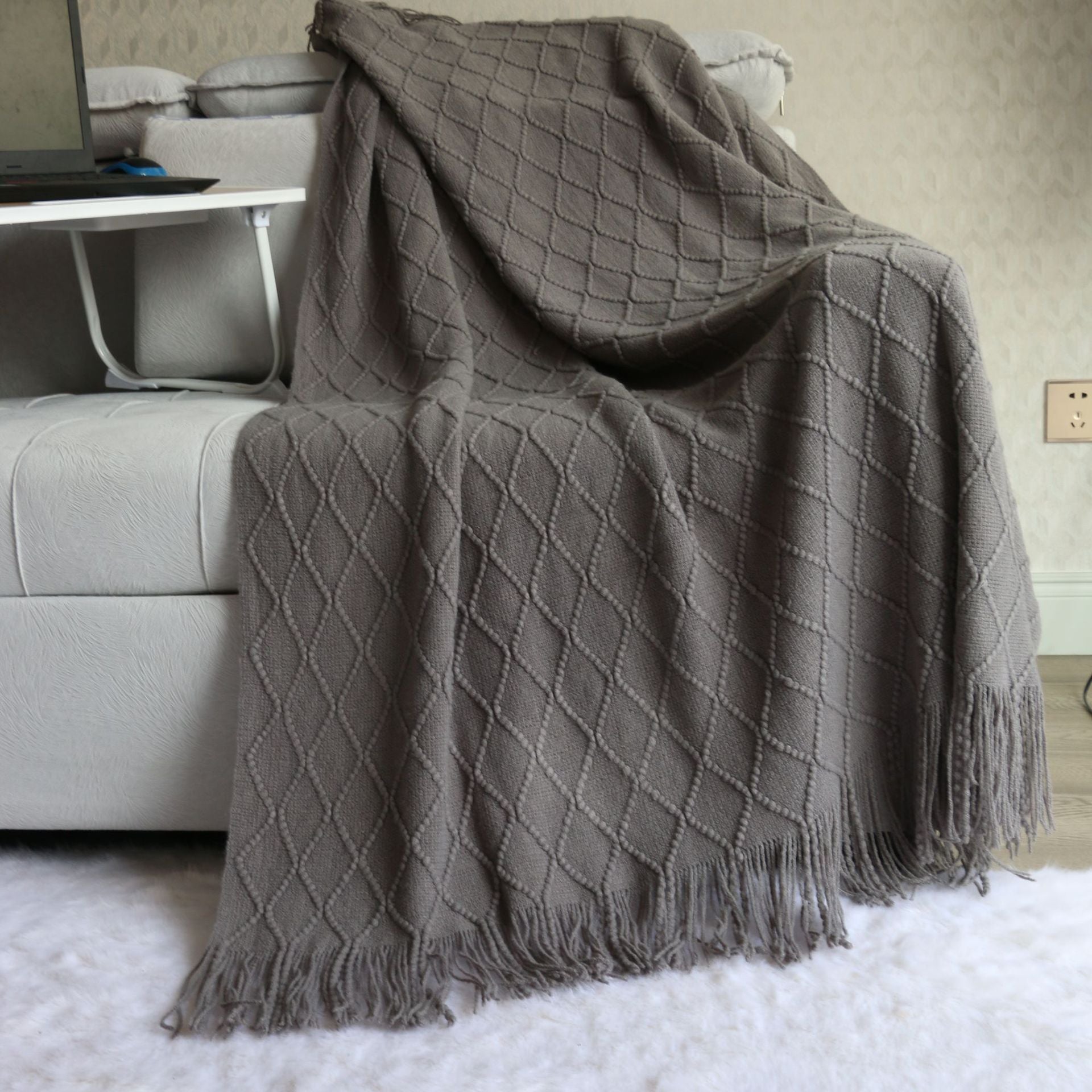 Smoky grey Nordic Knitted Throw Blanket with Tassels 130x230cm Soft Acrylic Diamond Pattern Sofa Cover Bed Runner and Travel Blanket