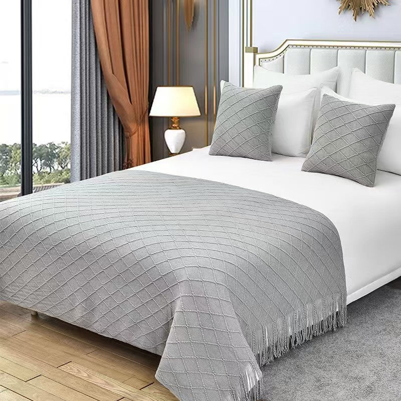 Light grey Nordic Knitted Throw Blanket with Tassels 130x230cm Soft Acrylic Diamond Pattern Sofa Cover Bed Runner and Travel Blanket