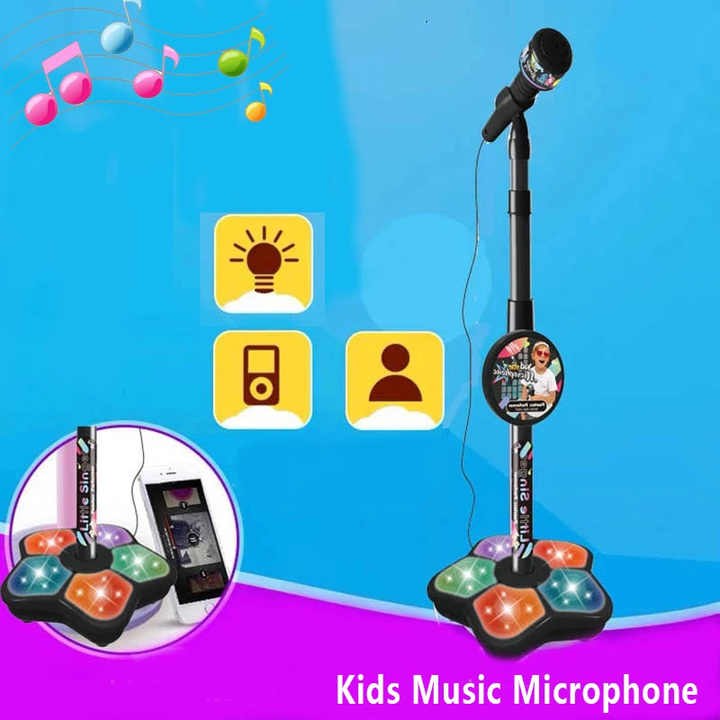 Black Kids Star Karaoke Microphone Stand Adjustable Height Music Toy with Flashing Lights and MP3 Connectivity for Boys and Girls