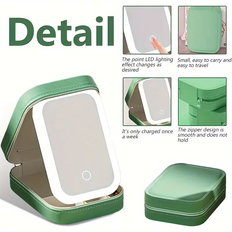 Pink Portable LED Makeup Mirror with Jewellery Storage Box Touch Screen Adjustable Light Travel Cosmetic Organizer Case
