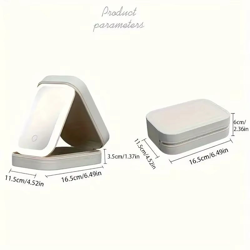 Black Portable LED Makeup Mirror with Jewellery Storage Box Touch Screen Adjustable Light Travel Cosmetic Organizer Case