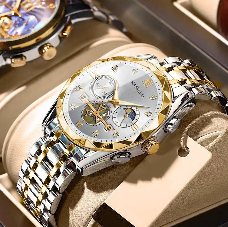 White-faced gold-speckled Men's Classic Two Tone Stainless Steel Quartz Watch 42mm Multi-Function Six Hand Dial Waterproof Luminous Business Wristwatch
