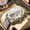 White-faced gold-speckled Men's Classic Two Tone Stainless Steel Quartz Watch 42mm Multi-Function Six Hand Dial Waterproof Luminous Business Wristwatch