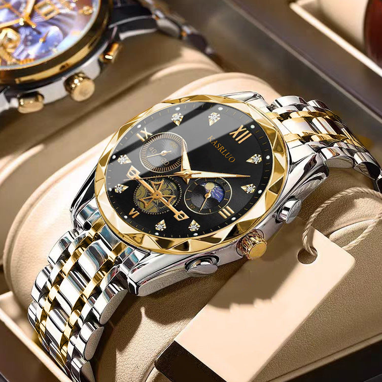 Black-faced goldfinch Men's Classic Two Tone Stainless Steel Quartz Watch 42mm Multi-Function Six Hand Dial Waterproof Luminous Business Wristwatch