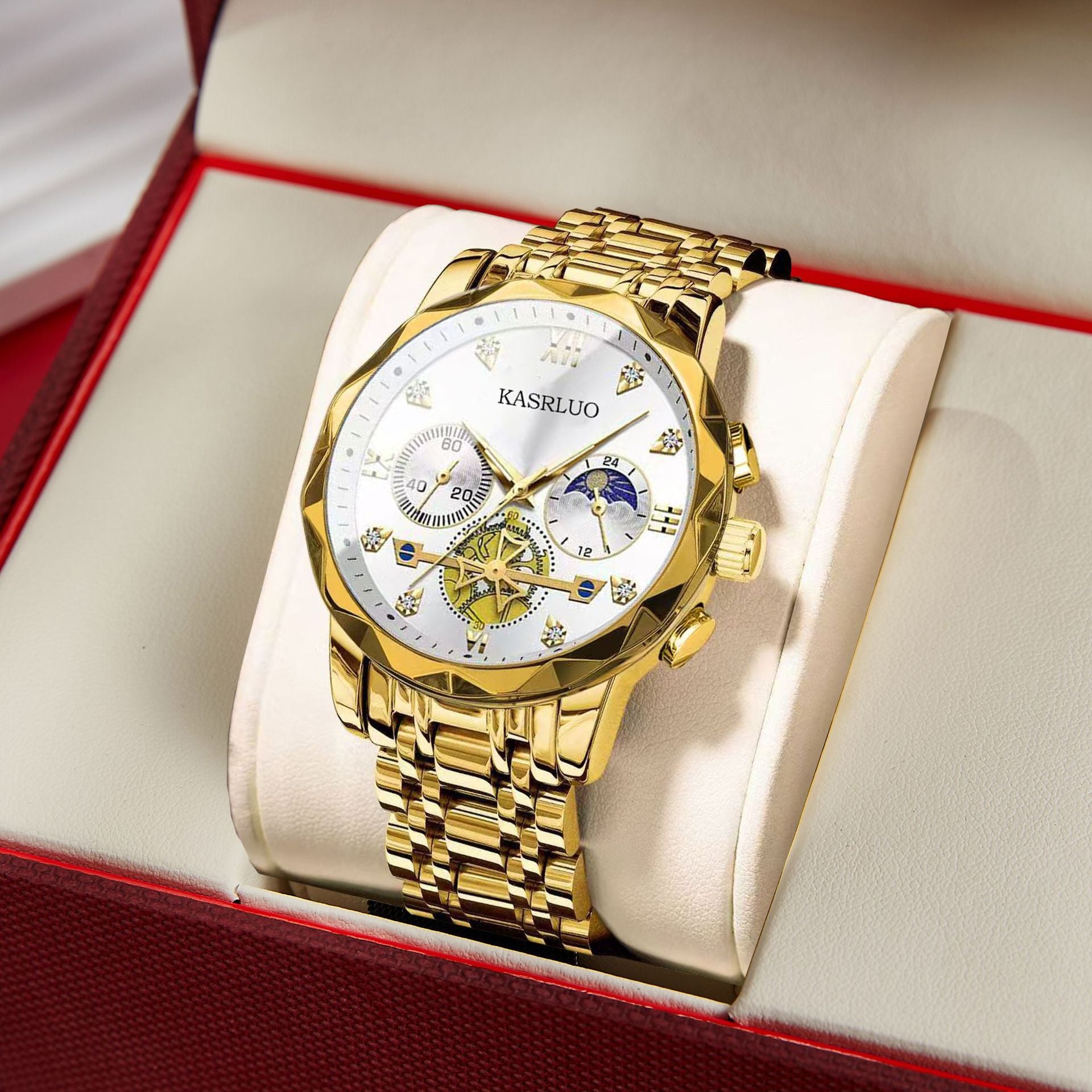 Interlaced gold and blue surface Men's Classic Two Tone Stainless Steel Quartz Watch 42mm Multi-Function Six Hand Dial Waterproof Luminous Business Wristwatch