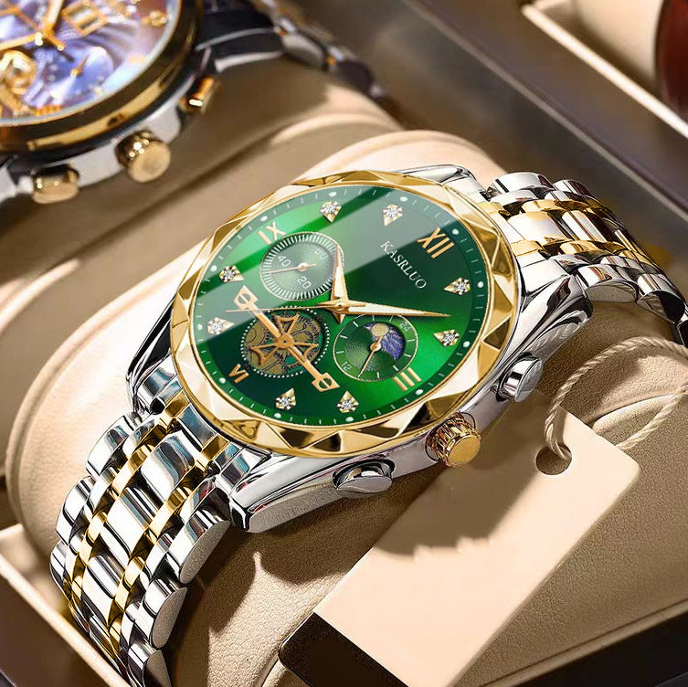 Interlaced gold and green surface Men's Classic Two Tone Stainless Steel Quartz Watch 42mm Multi-Function Six Hand Dial Waterproof Luminous Business Wristwatch