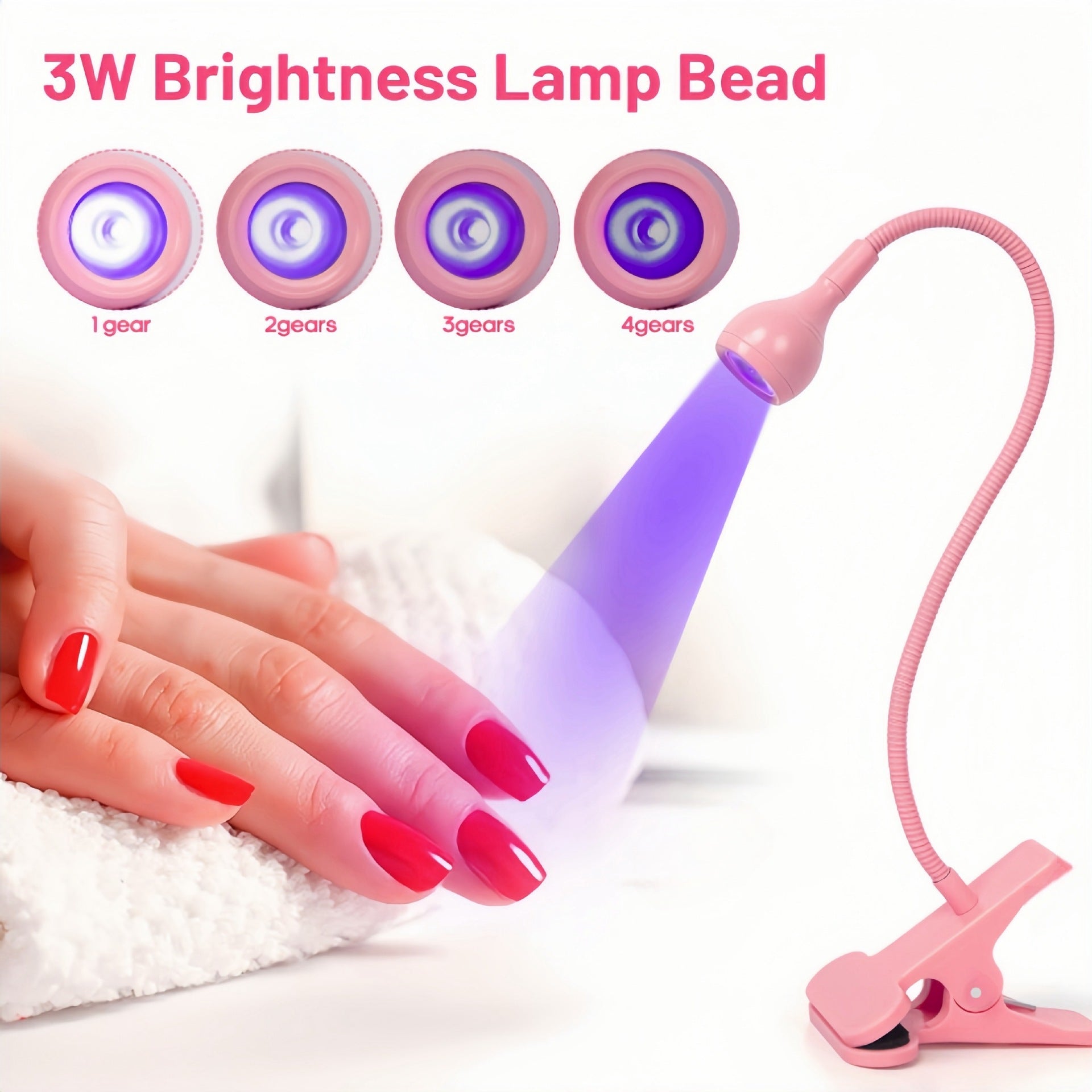 Pink 3W UV LED Gel Nail Curing Lamp Clip On Flexible Gooseneck Light 4 Brightness Levels for Gel Polish and Resin Curing