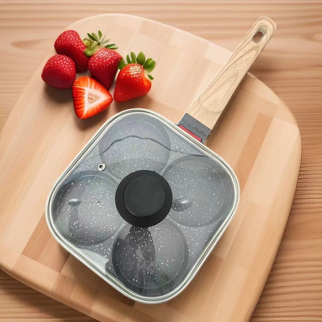 4-Hole Non-Stick Fried Egg Pan with Glass Lid Maifan Stone Coating Breakfast Pancake Maker for Burgers and Omelettes(Black cap bead)
