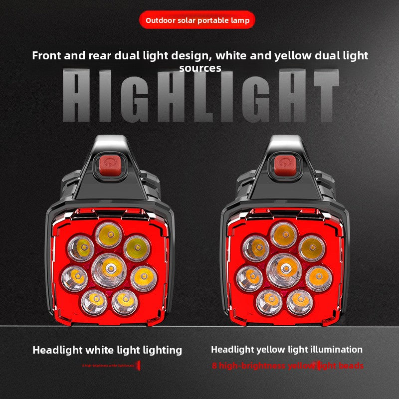 Gold Solar Powered LED Camping Lantern and Flashlight Rechargeable Portable Searchlight with Side Light and USB Power Bank for Outdoor Emergency