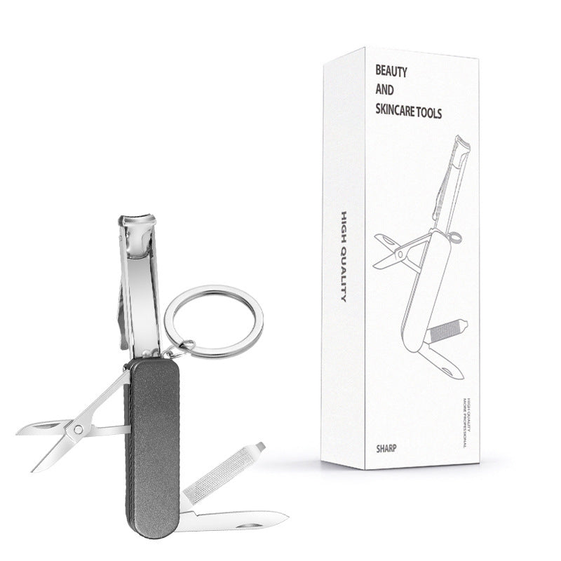 2-PCS Black 5-in-1 Foldable Stainless Steel Nail Clipper Multitool Keychain with Knife Scissors and File Portable Pocket Manicure Set
