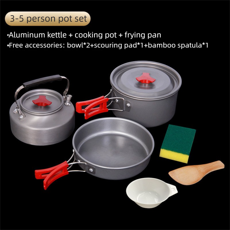 Portable Camping Cookware Set for 3-5 People Aluminum Kettle Pot Frying Pan Mess Kit with Folding Handles for Hiking and Outdoor Use