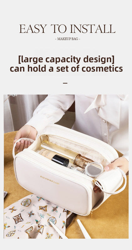 White Large Capacity PU Leather Makeup Bag Dual Zipper Cosmetic Case Waterproof Travel Toiletry Organiser with Brush Compartment