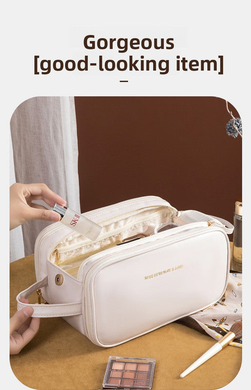 Brown Large Capacity PU Leather Makeup Bag Dual Zipper Cosmetic Case Waterproof Travel Toiletry Organiser with Brush Compartment