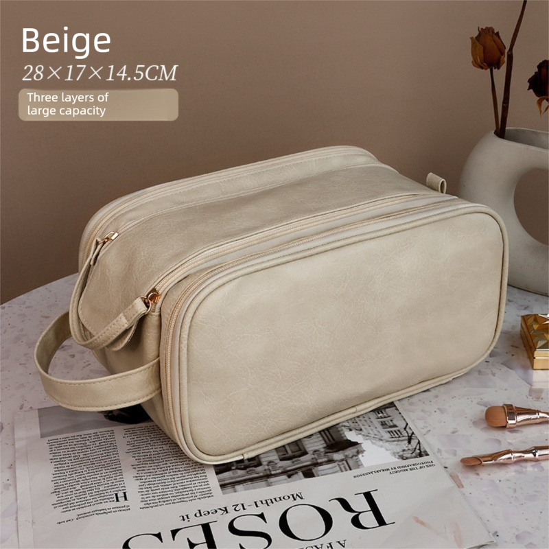 Luxury Cream Beige Large Capacity Makeup Bag – 3-Layer Double Zipper Travel Toiletry Organizer with Waterproof TPU Brush Holders