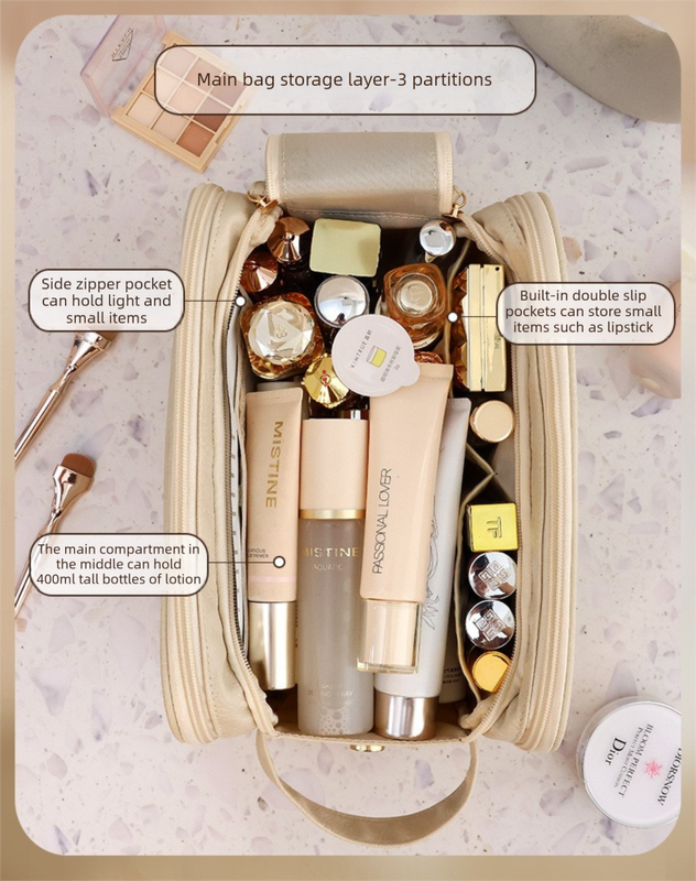 Luxury Cream Beige Large Capacity Makeup Bag – 3-Layer Double Zipper Travel Toiletry Organizer with Waterproof TPU Brush Holders