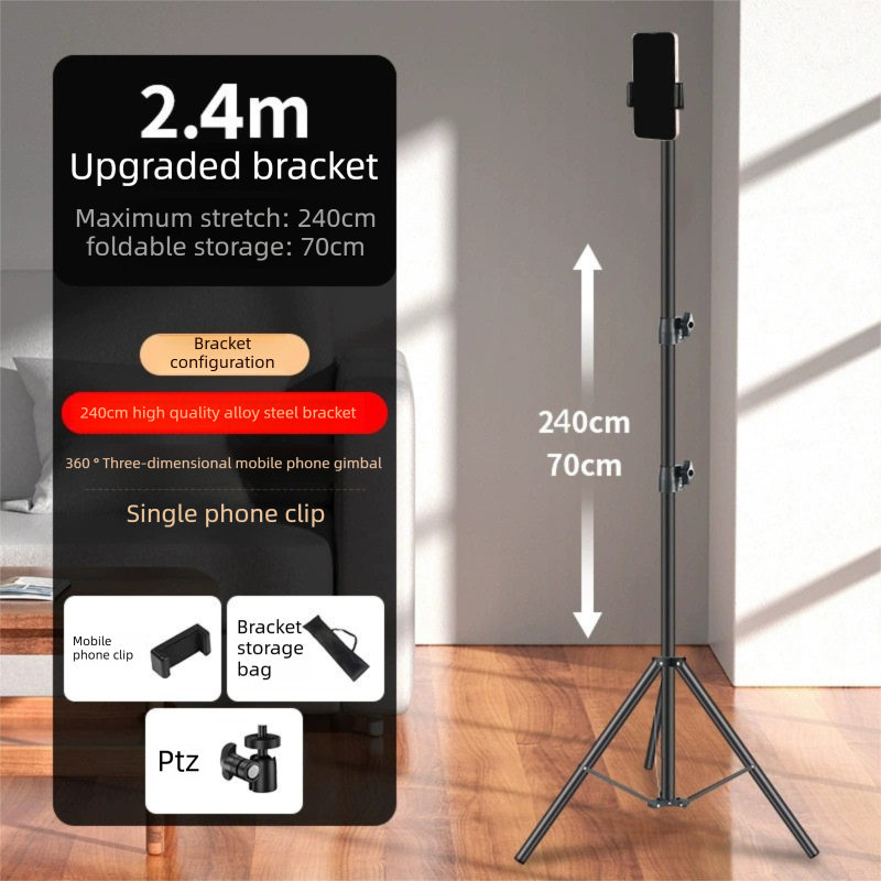 2.4m Black Tripod Stand with Phone Holder Adjustable Floor Stand for Live Streaming Vlogging Overhead Video Recording Makeup Kit with Carry Bag